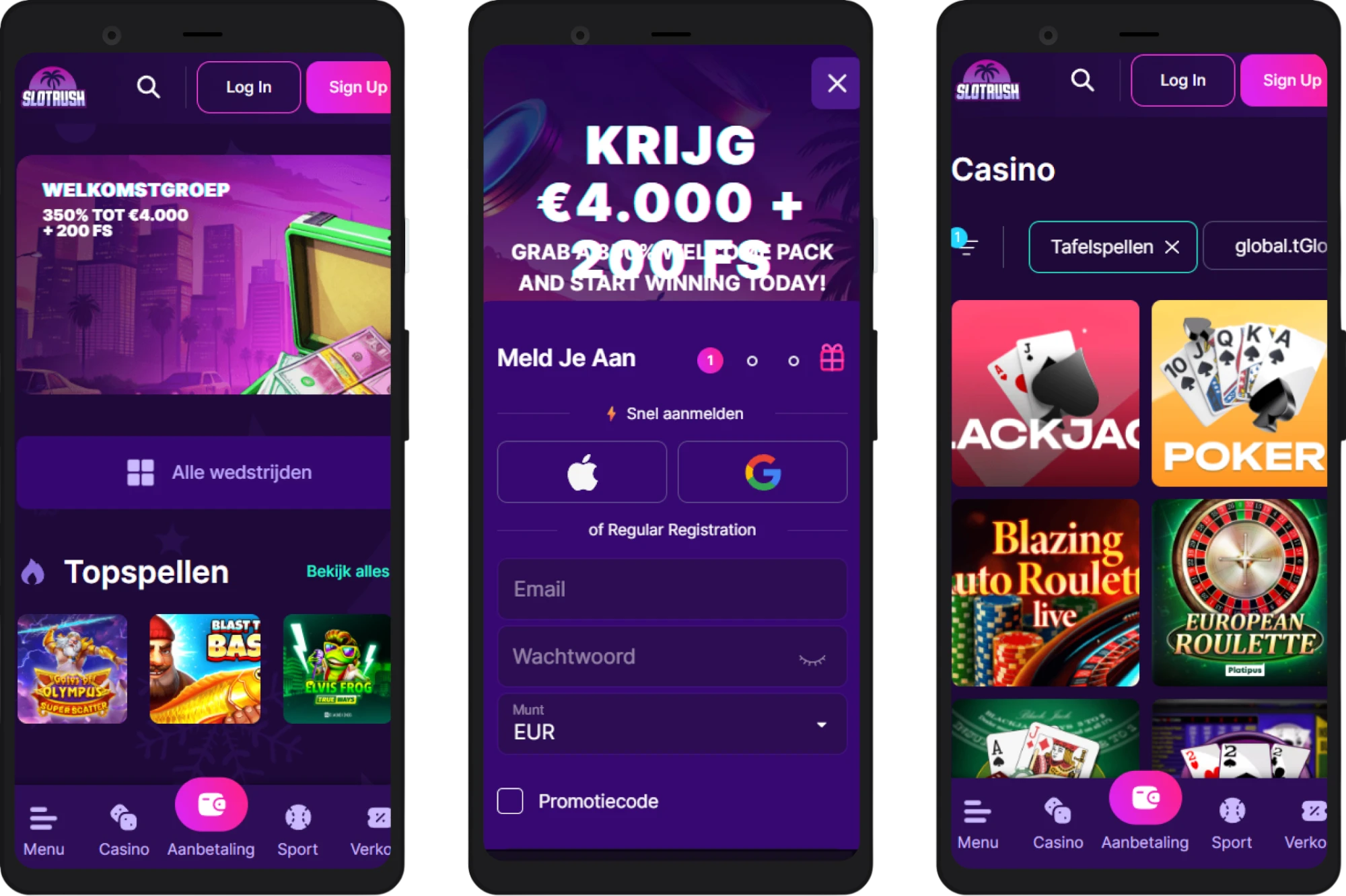 SlotRush Casino mobiele app interface op een smartphone