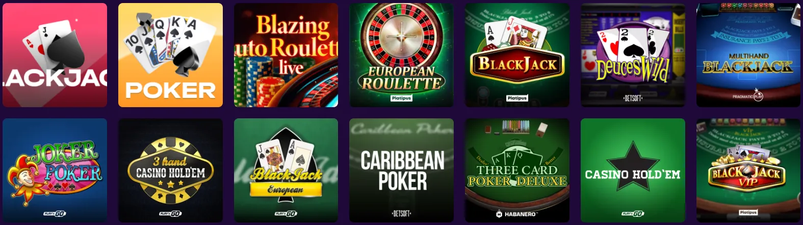 Klassieke tafelspellen zoals Blackjack en Roulette bij SlotRush